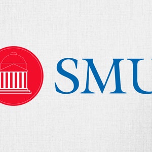 May include: A red circle containing a white building. The text "SMU" is in blue letters to the right of the circle.
