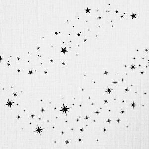 Puede incluir: Un fondo blanco con una dispersión de estrellas negras de diferentes tamaños. Las estrellas están dispuestas en un patrón suelto y fluido, creando una sensación de movimiento y fantasía.