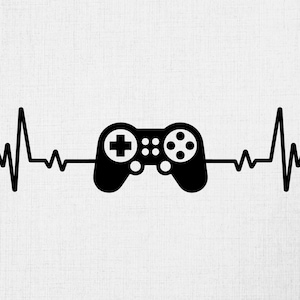 Puede incluir: Una ilustración en blanco y negro de un mando de videojuegos con una línea de latido del corazón que se extiende desde cada lado. El mando está en el centro de la imagen.