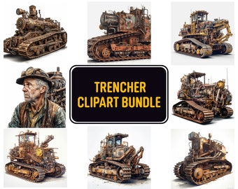 May include: A collection of steampunk-style trenchers in various designs and angles. The machines are primarily brown and rusty, with intricate details and tracks. The image includes a sign that reads "TRENCHER CLIPART BUNDLE."