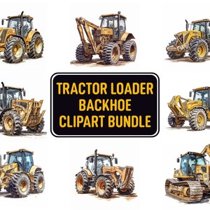 May include: A set of nine digital illustrations of yellow tractor loaders and backhoes. The illustrations are in a watercolor style and feature various angles and perspectives of the vehicles.