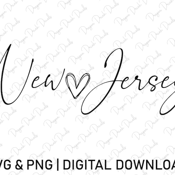 New Jersey Svg, Digital Download, USA Svg, Cursive Font Svg, New Jersey Shirt Svg, Silhouette, Heart Svg, State Svg, Svg Cut File
