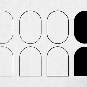 Peut inclure: Un ensemble de huit formes géométriques noires et blanches. Les formes sont disposées en deux rangées de quatre. La rangée du haut présente quatre formes ovales, tandis que la rangée du bas présente quatre formes cintrées. Les formes sont délimitées par un contour noir.