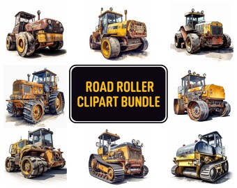 May include: A set of nine digital illustrations of yellow and brown road rollers. The illustrations are in a watercolor style and feature various angles and details of the road rollers.