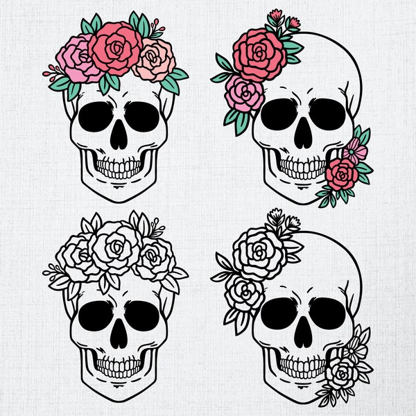 Floral Skull Svg Bundle, Digital Download, Skulls Svg, Flower Skull Svg, Daisy Skull Svg, Sunflower Skull Svg, Cricut, Silhouette Cut File