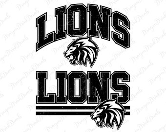 May include: Black and white graphic design with the word "LIONS" in a distressed font. The graphic features a lion head with a distressed texture.