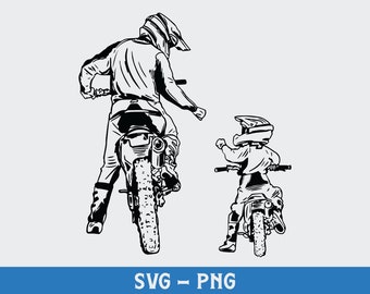 May include: Black and white illustration of two people riding dirt bikes. The larger figure is an adult, and the smaller figure is a child. Both are wearing helmets and protective gear. The text "SVG - PNG" is at the bottom.