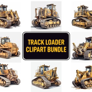 Könnte beinhalten: Ein digitales Clipart-Paket mit zehn gelben Raupenladern, auch bekannt als Raupenbagger, mit schwarzen Ketten und verschiedenen Anbaugeräten. Das Clipart ist im Cartoon-Stil gehalten und perfekt für die Verwendung in digitalen Projekten.