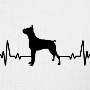 May include: Black silhouette of a Boxer dog with a heartbeat line below it.