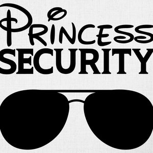 May include: Black and white graphic design with the text "Princess Security" and a pair of black sunglasses.