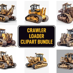 Könnte beinhalten: Ein Satz von neun Clipart-Bildern mit gelben Raupenladern, auch bekannt als Kettenlader, auf weißem und grauem Hintergrund. Die Bilder sind mit "Crawler Loader Clipart Bundle" beschriftet.