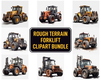 May include: A digital clipart bundle of ten illustrations of rough terrain forklifts. The forklifts are depicted in various colors, including yellow, orange, and black. The illustrations are in a watercolor style, giving them a hand-drawn look.