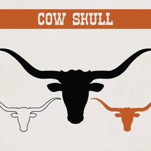 May include: A black silhouette of a cow skull with large horns. Below are two more cow skulls, one in white and one in orange.