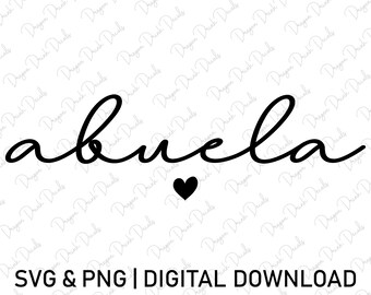 May include: A black and white cursive font design of the word "abuela" with a small black heart below it. The text is on a white background.