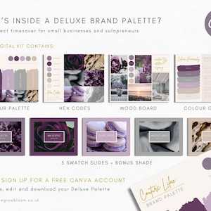 Op de afbeelding: Een digitale merkpaletkit met een paars, grijs en beige kleurenschema. De kit bevat een kleurenpalet, hex-codes, een moodboard en een kleurguide. De tekst "Couture Luxe Brand Palette" is zichtbaar in de rechterbenedenhoek.