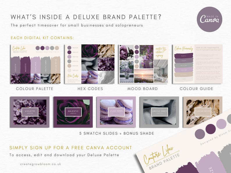 Op de afbeelding: Een digitale merkpaletkit met een paars, grijs en beige kleurenschema. De kit bevat een kleurenpalet, hex-codes, een moodboard en een kleurguide. De tekst "Couture Luxe Brand Palette" is zichtbaar in de rechterbenedenhoek.