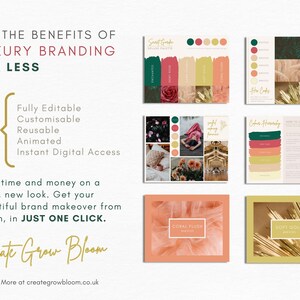 May include: A Canva template for luxury branding with a color palette, color harmony, and brand style guide. The template features a coral blush, soft gold, and green color scheme. The text on the template reads "Create Grow Bloom".