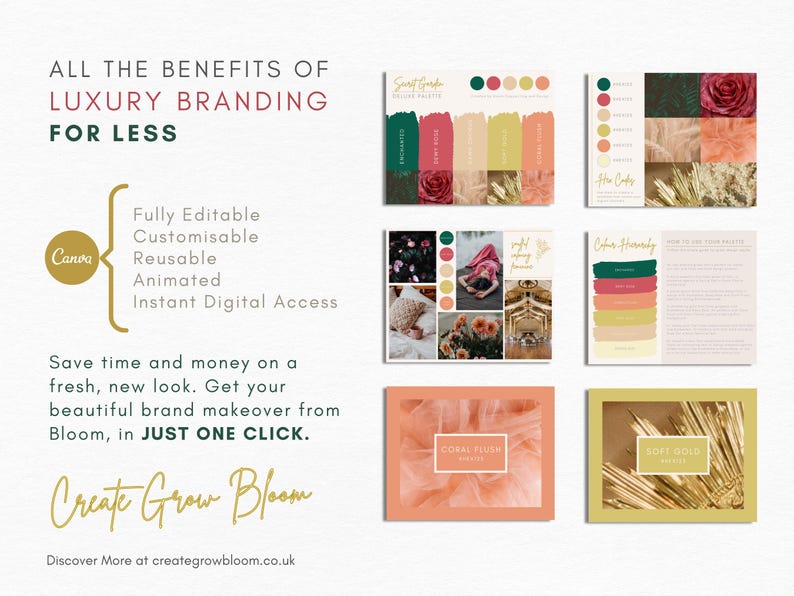May include: A Canva template for luxury branding with a color palette, color harmony, and brand style guide. The template features a coral blush, soft gold, and green color scheme. The text on the template reads "Create Grow Bloom".