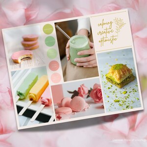 Puede incluir: Un tablero de humor con las palabras "calming creative optimistic" en escritura dorada. El tablero presenta im&aacute;genes de macarons verde pastel y rosa, baklava de pistacho, batido verde, paletas de hielo y muestras de color rosa y verde.