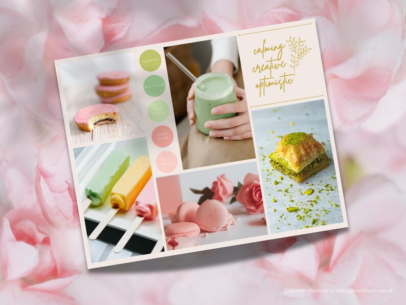 Puede incluir: Un tablero de humor con las palabras "calming creative optimistic" en escritura dorada. El tablero presenta im&aacute;genes de macarons verde pastel y rosa, baklava de pistacho, batido verde, paletas de hielo y muestras de color rosa y verde.