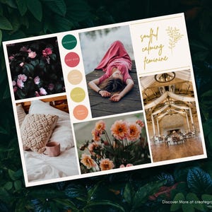 May include: Mood board with images of a woman lying on a wooden dock, a bed with a throw pillow and a cup, a bouquet of pink flowers, and a large room with a wooden ceiling and white drapes. The mood board has a color palette of pink, green, yellow, and orange.