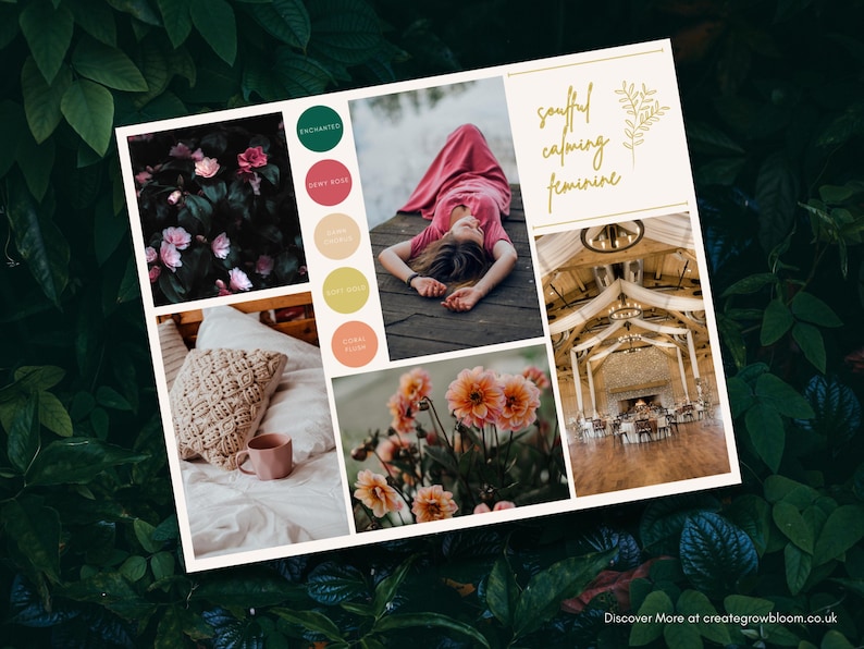 May include: Mood board with images of a woman lying on a wooden dock, a bed with a throw pillow and a cup, a bouquet of pink flowers, and a large room with a wooden ceiling and white drapes. The mood board has a color palette of pink, green, yellow, and orange.