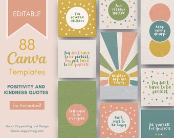 88 Kindness & Positivity Canva Templates | Editable Instagram Templates | Matching Inspirational Quotes Bundle | Self-Care Quotes