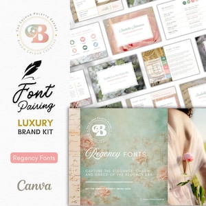 May include: A collection of branding and design elements, including a logo, font pairings, and Canva templates. The color palette features soft pastels and floral accents. The text includes "Font Pairing," "Luxury Brand Kit," and "Regency Fonts."