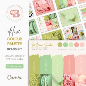 Ice Cream Sundae brand colour palette for Canva featuring six gelato inspired pastel tones with hex codes in mint green, pistachio green and pink. Perfect for small businesses and solopreneurs looking to update or build a cohesive brand identity with ease. This instant digital download includes editable Canva templates, swatches and mood boards, making it easy to apply your palette across logos, websites, social media, packaging and more using just a free Canva account.