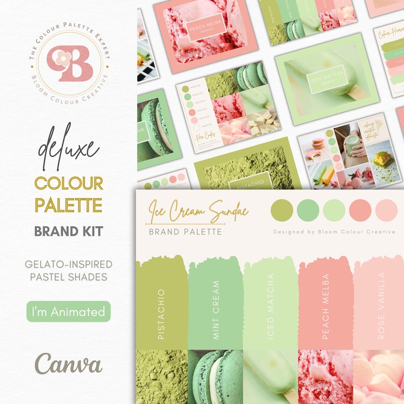 Ice Cream Sundae brand colour palette for Canva featuring six gelato inspired pastel tones with hex codes in mint green, pistachio green and pink. Perfect for small businesses and solopreneurs looking to update or build a cohesive brand identity with ease. This instant digital download includes editable Canva templates, swatches and mood boards, making it easy to apply your palette across logos, websites, social media, packaging and more using just a free Canva account.