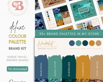 Puede incluir: Una descarga digital de un kit de paleta de marca con el título "Wanderlust" y los colores verde azulado, azul, verde y dorado. El kit incluye una variedad de texturas y patrones, incluyendo cuerda, tela y madera.