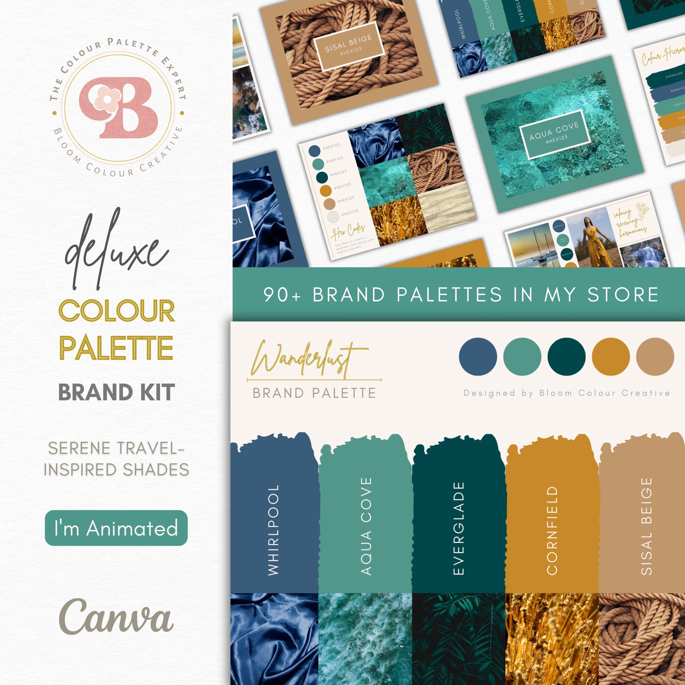 Paleta de colores Luxury Travel con códigos hex — Kit de marca premium de Canva para marcas costeras, de aventura y eco