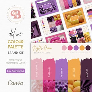 Puede incluir: Una paleta de marca llamada "Night's Dream" con cinco muestras de color: cuarzo rosa, guirnalda, verbena, albaricoque y galaxia. Las muestras de color van acompañadas de imágenes de flores, telas y frutas.