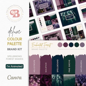 May include: A brand palette for an enchanted forest theme. The color palette includes shades of purple, pink, blue, green, and black. The color names are Heliotrope, Solstice, Spellbound, Pine Grove, and Jacaranda. The text "Enchanted Forest Brand Palette" is at the top of the image. The text "Created by Bloom Copywriting and Design" is at the bottom of the image.