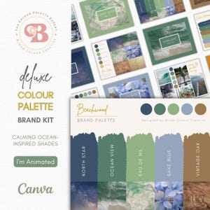 Könnte beinhalten: Eine Markenpalette mit dem Namen "Beachwood" und fünf Farbmustern: North Star (dunkelblau), Ocean View (grün), Eau De Nil (hellgrün), Saxe Blue (hellblau) und Vintage Oak (braun). Die Farbpalette ist von beruhigenden Ozeantönen inspiriert.