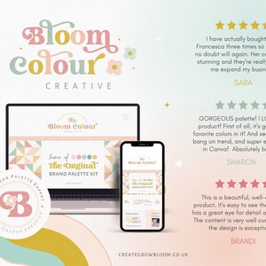 May include: A laptop and a phone display a website for Bloom Colour Creative, a brand palette kit company. The website features a pink, yellow, and green color scheme and the text "home of The Original Brand Palette Kit".