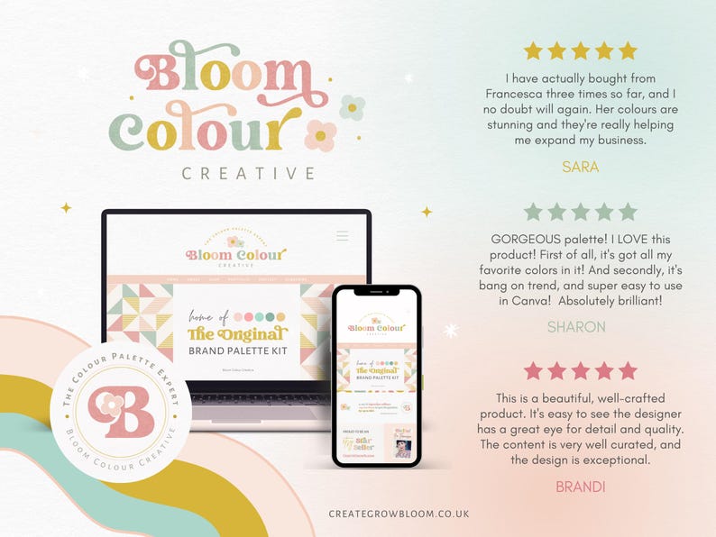 May include: A laptop and a phone display a website for Bloom Colour Creative, a brand palette kit company. The website features a pink, yellow, and green color scheme and the text "home of The Original Brand Palette Kit".
