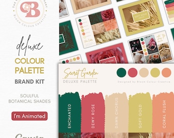 Botanical Brand Colour Palette for Canva – Secret Garden Floral Branding Kit – Green Pink Coral Gold with Hex Codes for Nature Brands