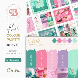 Beach Brand Colour Palette for Canva – Surf’s Up Tropical Branding Kit – Green Pink Teal with Hex Codes for Surf and Swimwear