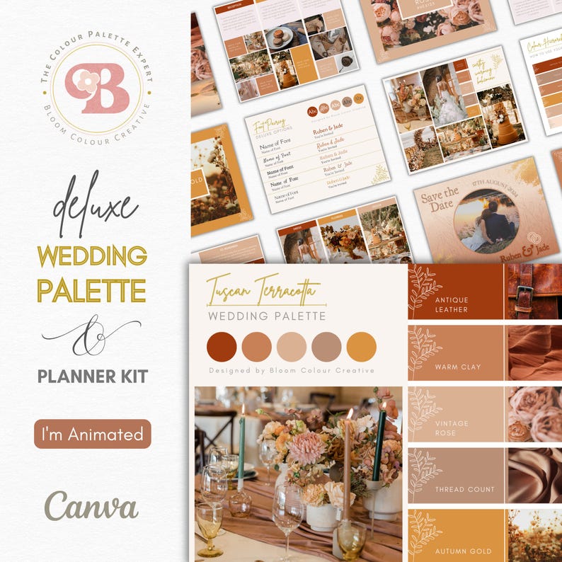 May include: A wedding color palette planner kit with the title "Tuscan Terracotta Wedding Palette" and a color swatch of six colors: warm clay, antique leather, vintage rose, thread count, autumn gold, and a light brown color. The planner kit includes a save the date card, a wedding invitation, and a table setting with a floral centerpiece.