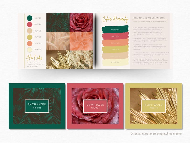 May include: A color palette guide with swatches of green, pink, orange, yellow, and beige. The guide includes hex codes for each color and a color hierarchy chart. The colors are inspired by nature, with images of leaves, flowers, and gold.