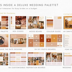 May include: A digital wedding planning kit with a color palette, mood board, and checklist. The kit features a warm color scheme with shades of brown, orange, and beige.