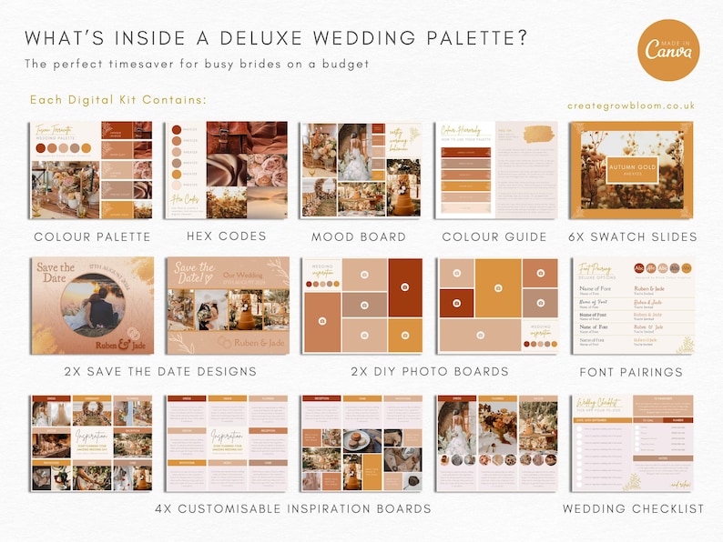 May include: A digital wedding planning kit with a color palette, mood board, and checklist. The kit features a warm color scheme with shades of brown, orange, and beige.
