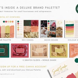 May include: A digital kit for creating a brand palette, featuring a color palette, hex codes, mood board, and color guide. The kit includes a color palette with five shades, a mood board with images, and a color guide with information on color harmony. The kit is designed for small businesses and solopreneurs.