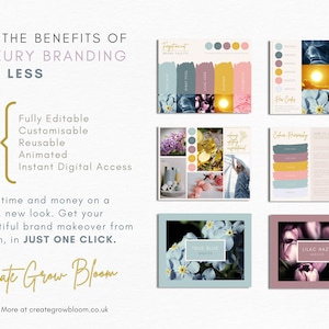 May include: A Canva design template for branding with the text "Create Grow Bloom" and the tagline "Discover More at creategrowbloom.co.uk". The template features a colour palette with a variety of shades of blue, pink, and yellow. The template also includes a variety of images, including flowers, a sunset, and a sky.