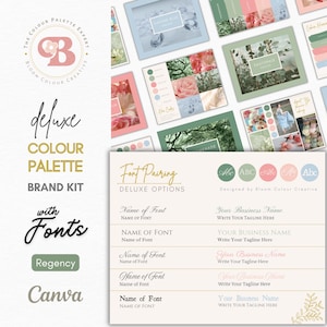 Op de afbeelding: Een digitale download voor een luxe kleurenpalet-merkset met lettertypen. De set bevat een kleurenpalet, lettertypecombinaties en een logo. Het kleurenpalet is in tinten roze, blauw en groen. De lettertypen zijn Regency en Canva. De tekst op de afbeelding luidt "Deluxe kleurenpalet-merkset met lettertypen".