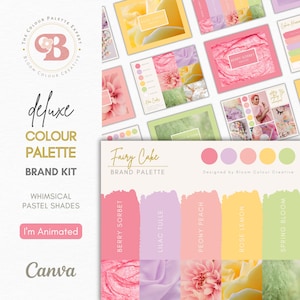 May include: A brand palette for a business called "Fairy Cake" with a whimsical pastel color scheme. The colors are Berry Sorbet, Lilac Tulle, Peony Peach, Rose Lemon, and Spring Bloom.