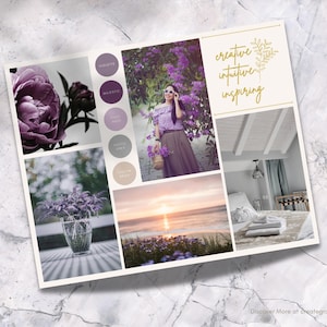 Op de afbeelding: Een moodboard met een paars en wit kleurenschema. Het bord bevat afbeeldingen van bloemen, een vrouw in een paarse jurk, een strandsc&egrave;ne en een slaapkamerinterieur. De tekst "creative intuitive inspiring" is geschreven in gouden letters op een witte achtergrond.