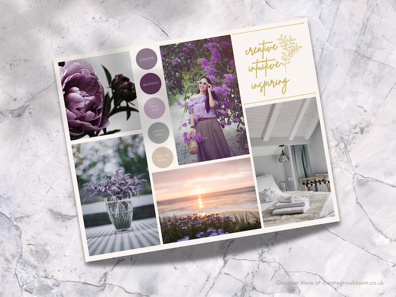 Op de afbeelding: Een moodboard met een paars en wit kleurenschema. Het bord bevat afbeeldingen van bloemen, een vrouw in een paarse jurk, een strandsc&egrave;ne en een slaapkamerinterieur. De tekst "creative intuitive inspiring" is geschreven in gouden letters op een witte achtergrond.