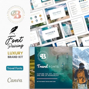 Puede incluir: Un kit de marca Canva para empresas de viajes con una paleta de colores azul y verde y una guía de combinación de fuentes de viaje. El kit incluye un logotipo, combinaciones de fuentes y una guía de fuentes. El texto "Wanderer The Zen Travel Co" aparece en el kit.
